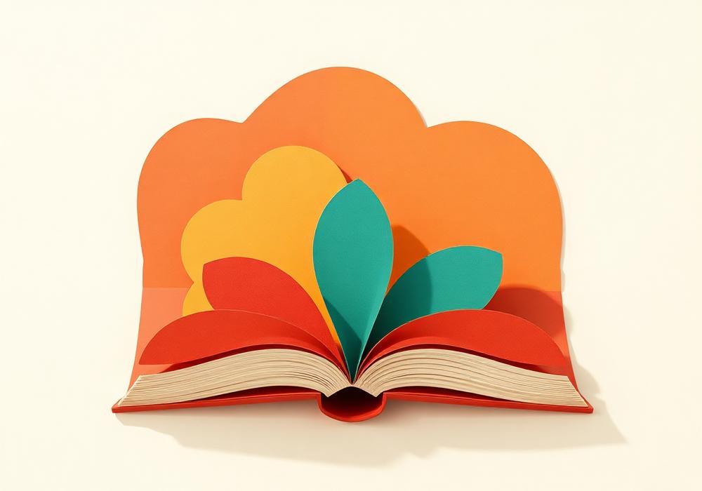 Paper-cut illustration of an open book symbolising story conversations
